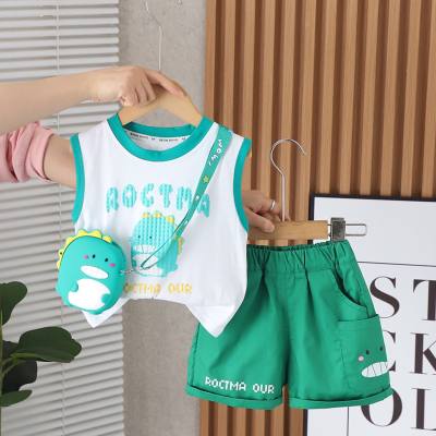 Boys summer children's clothing suit new style cartoon shoulder bag baby summer clothing children's sleeveless vest two-piece suit