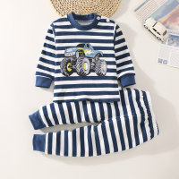 2-piece Toddler Boy Pure Cotton Striped Vehicle Printed Long Sleeve Top & Matching Pants  Deep Blue