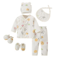 6pcs Baby Bear Printed Lace-up Top & Pants & Hat & Anti-scratch Gloves & Socks & Bib  Pink