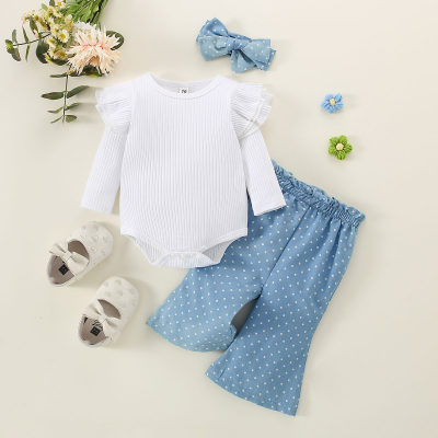 3-piece Baby Girl Solid Color Ribbed Long Fly Sleeve Romper & Polka Dotted Flare Pants & Matching Bowknot Headwrap