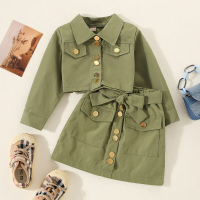 Toddler Girl Lapel A-line skirt Solid Button Pocket Top & Shorts Skirt