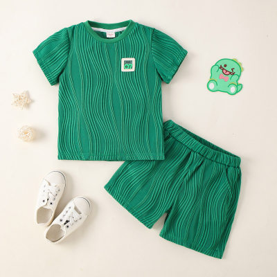Camiseta de manga corta texturizada de color sólido para niños pequeños de 2 piezas y pantalones cortos a juego