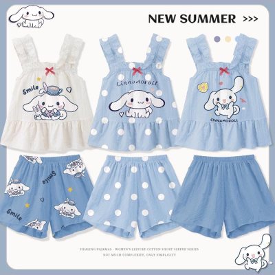 Girls, middle and older children's pajamas thin summer ice silk print sweet home clothes girls girls short suspender suit