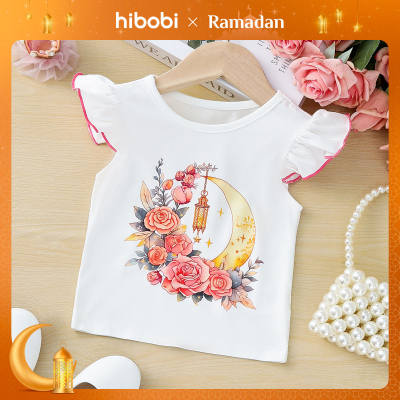 Toddler Girls' Ramadan Vest With Moon And Rose Pattern, Suitable For Summer