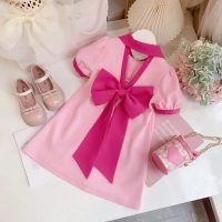 Girls Dress Summer 2024 New Korean Style Western Style Children's Bow Skirt Little Girl Short Sleeve Princess Dress  Pink