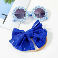 2-piece Children's Bowknot Headwrap & Matching Daisy Style Sunglasses  Blue