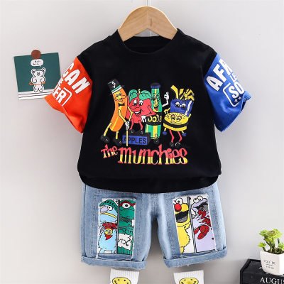Toddler Boy Round Neck Cartoon Loose Color-block Top & Shorts