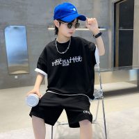 Boys summer children's fashion trend letter short-sleeved shorts loose casual two-piece boy handsome suit  Black