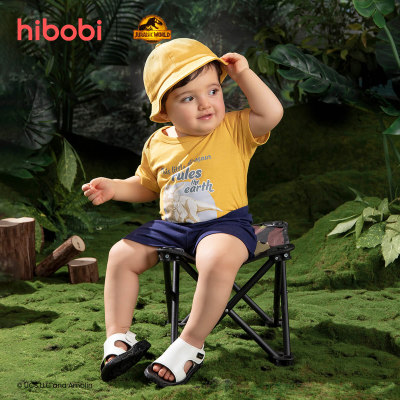 Hibobi × Jurassic Baby Boy Cartoon Print أكمام قصيرة أفرول قطني وشورت