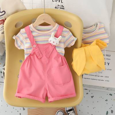 Neue Sommer-Kurzarm-Anzüge für kleine und mittelgroße Kindermädchen mit dreidimensionalen Hasenköpfen und Hosenträgern für Mädchen und Kleinkinder
