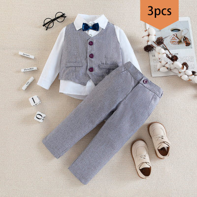 Camisa de manga longa de cor sólida infantil de 3 peças e colete de botões e calças combinando