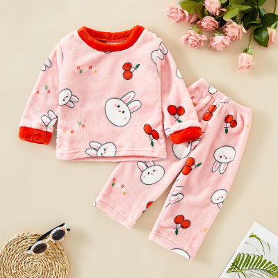 2-piece Toddler Girl Flower Pattern Long Sleeve Plush Top & Matching Pants