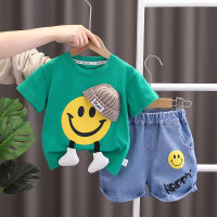2023 new summer children's clothing boys' short-sleeved shorts suit baby fashionable hooded smiling face children's clothing jeans  Green