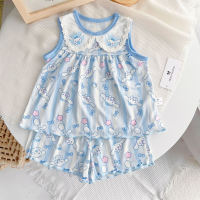 Children's clothing girls' going out suit ice silk cute doll collar vest shorts home clothes  Light Blue