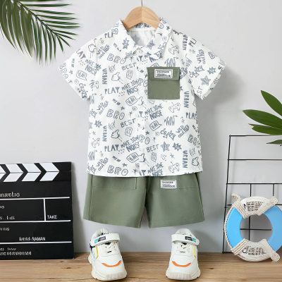 Boys' trendy fun graffiti graphics short-sleeve shirt and shorts set