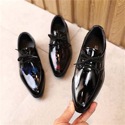 Boys' leather shoes spring and autumn 2023 British style fashion low-heeled student performance shoes children's pointed toe lace-up leather shoes