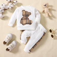 2-piece Baby Boy Plaid Bear Patchwork Long Sleeve Top & Plaid Patchwork Cropped Pants  White