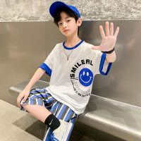Boys striped smiley face summer suits for middle and large children summer clothes trendy children's short-sleeved shorts casual two-piece  Blue