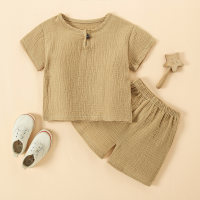 Toddler Boy Cotton Linen Solid Color Top & Shorts  Brown