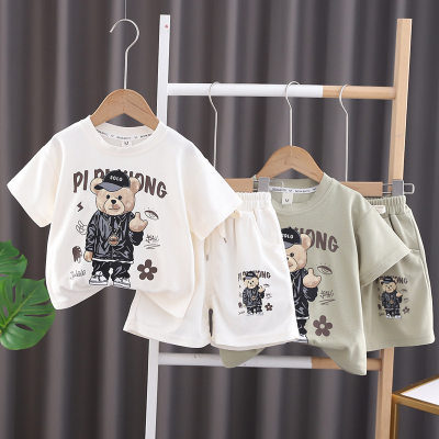 Boys summer suit 2024 new baby handsome waffle clothes fashionable children summer short-sleeved cartoon trend