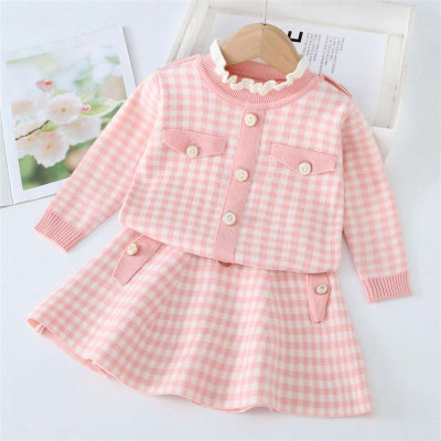 2-piece Toddler Girl Preppy Style Plaid Ribbed Collar Button Front Knit Cardigan & Matching Skirt