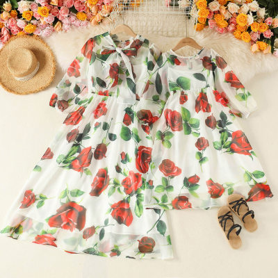 Sweet Floral Print Round Neck Long Dress for Mom and Me