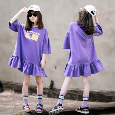 Mädchen kleiden sich lockeres lässiges T-Shirt-Kleid Sommerkleid stilvoller mittlerer und großer Kinderrock