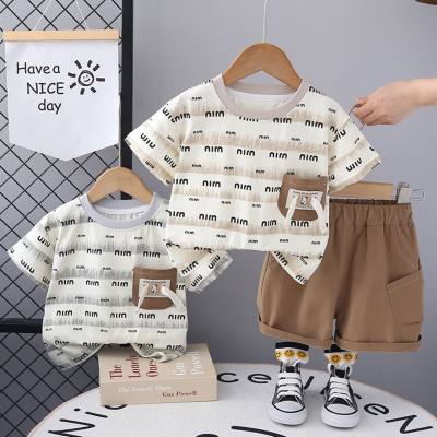 Boys short-sleeved suits summer new style casual full print striped letter short-sleeved shorts two-piece suit trendy