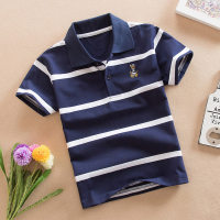 Camiseta de manga curta infantil de algodão puro verão roupas infantis camisa polo listrada  Azul marinho