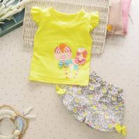 Trendige Mädchen-Baby-Sommerkleidung für Kleinkinder, neuer Stil, 2 Mädchenanzüge, kurze Weste, Anzüge für Säuglinge und Kinderkleidung im Alter von 1–4 Jahren  Gelb