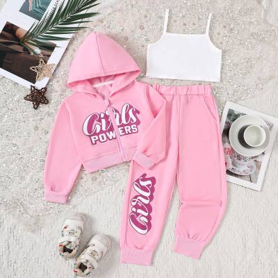 3pcs Set  Girl's Sporty Style Pink Hooded Sweater With vest And Trousers Sets