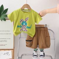 New summer style for small and medium children, fashionable plaid rabbit short-sleeved suit, trendy boys' casual short-sleeved suit  Green