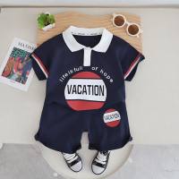 Summer new boys lapel polo shirt short-sleeved suit baby boy casual shorts two-piece suit  Navy Blue