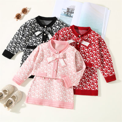 2-piece Toddler Girl Allover Letter Pattern Bowknot Decor Button-up Cardigan & Matching Skirt