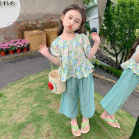 Summer girls suit new small and medium children's pastoral style short-sleeved top nine-point pants two-piece suit  Green
