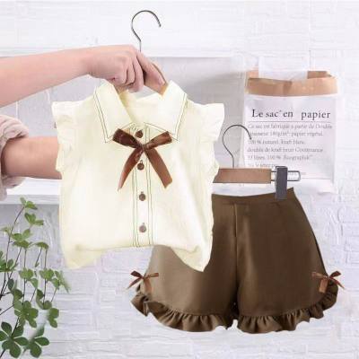 Girls summer new suits baby girl stylish lapel sweet shirt two-piece suit