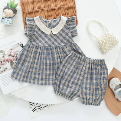 Baby girl summer suit plaid doll collar summer new plaid suit little girl princess dress girl two-piece suit