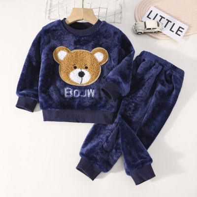 2-piece Toddler Boy Cartoon Bear Pattern Long Sleeve Plush Top & Matching Pants
