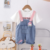 Overalls children's clothing 2024 summer boys and girls rainbow striped breathable T-shirt denim overalls suit  White