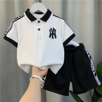 Boys summer polo shirt suit 2023 new baby Internet celebrity short-sleeved clothes little boy children cool and handsome children's clothing  White