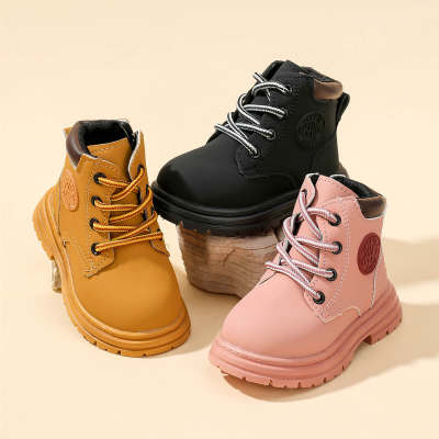 Toddler PU Leather Solid Color Letter Pattern Lace-up Booties