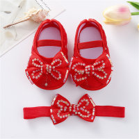 Baby bow rhinestone shoes headband set princess shoes  Red
