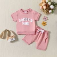 European and American new style 0-3Y infants and toddlers letter embroidery printed short-sleeved tops solid color shorts summer two-piece set  Pink