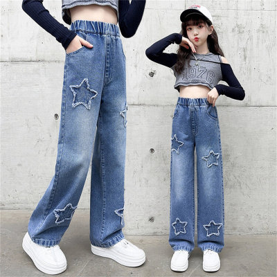 Girls jeans for middle and large children straight pants wide leg pants girls pants loose