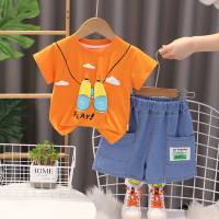 Boys summer suits 2024 new style for little boys, bear summer clothes, children's short-sleeved two-piece suits  Orange