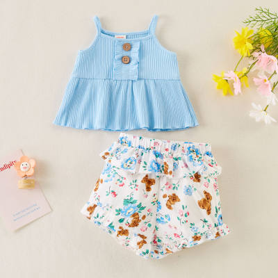 hibobi Baby Girl Fresh Floral Print RuffleTop and Shorts
