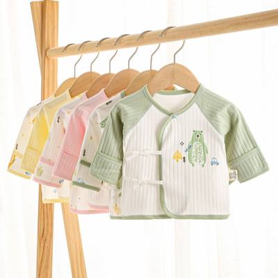 Four seasons new double layer belly protection baby single top pure cotton jacquard vertical stripes newborn baby half back top