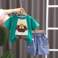 Small and medium-sized children's loose short-sleeved summer clothes children's cartoon cute round neck casual T-shirt boys' children's clothing two-piece set 2024  Green