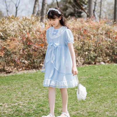 Kid Bowknot Decor Plaid Puff Sleeve Princess skirt
