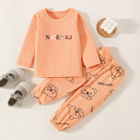 Kid Stripes Bear Printed T-shirt & Pants Pajamas  Orange